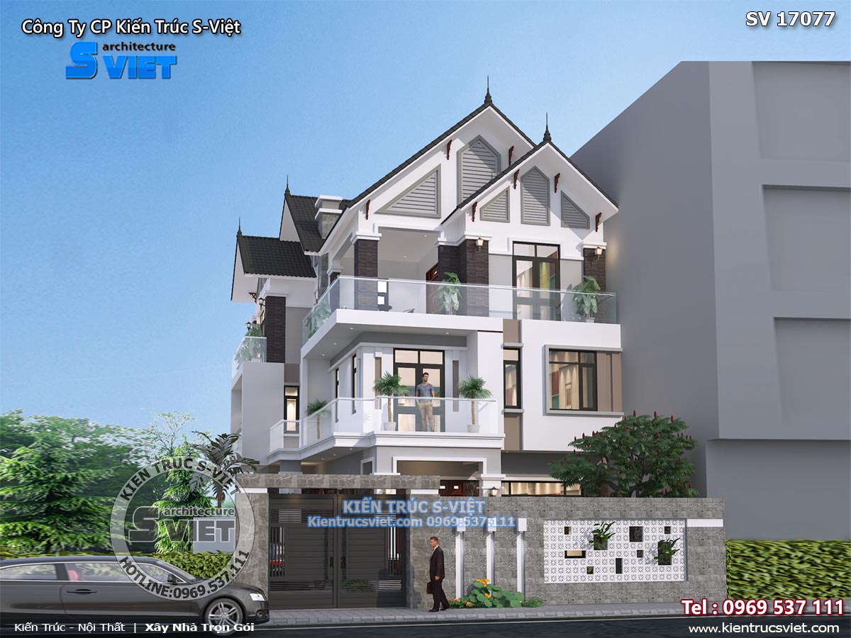 Mẫu biệt thự phố 3 tầng tân cổ điển mái thái mặt tiền 9mx15,5m tại Ninh  Bình KTV321