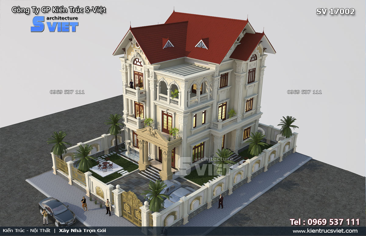 Phối cảnh kiến trúc 3D tổng thể của mẫu thiết kế biệt thự kiểu Pháp 3 tầng mái Thái