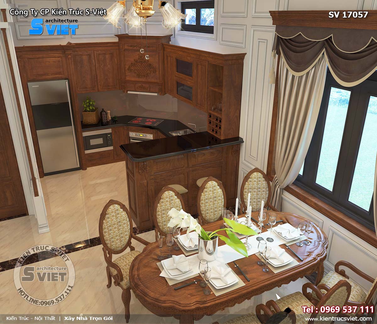 Thiết kế nội thất của khu bếp và bàn ăn của biệt thự tân cổ điển